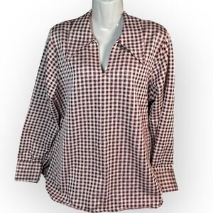 Vtg 70s‎ A Royal Blouse Sz 42 XL Burgundy Plaid Shirt Lightweight Point Collar